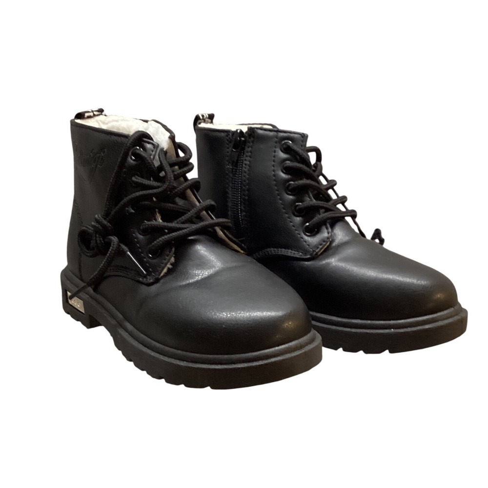 Kids Black‎ Lace Up Side Zip Faux Leather Winter Boots